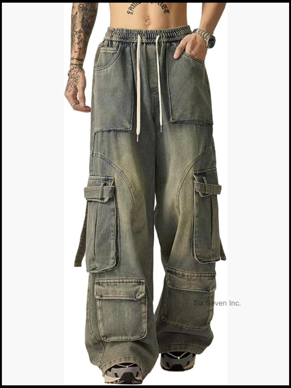 Vintage Washed Cargo Jeans, High Waist Baggy Wide Leg, Unisex Streetwear with